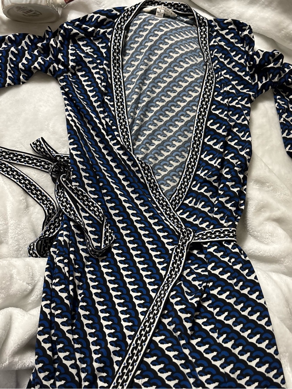 Max Studio Blue and White Geometric Wrap Dress